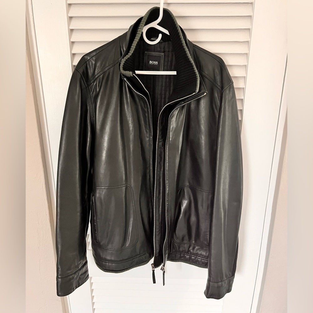 Hugo Boss Leather Bomber Jacket with Liner
